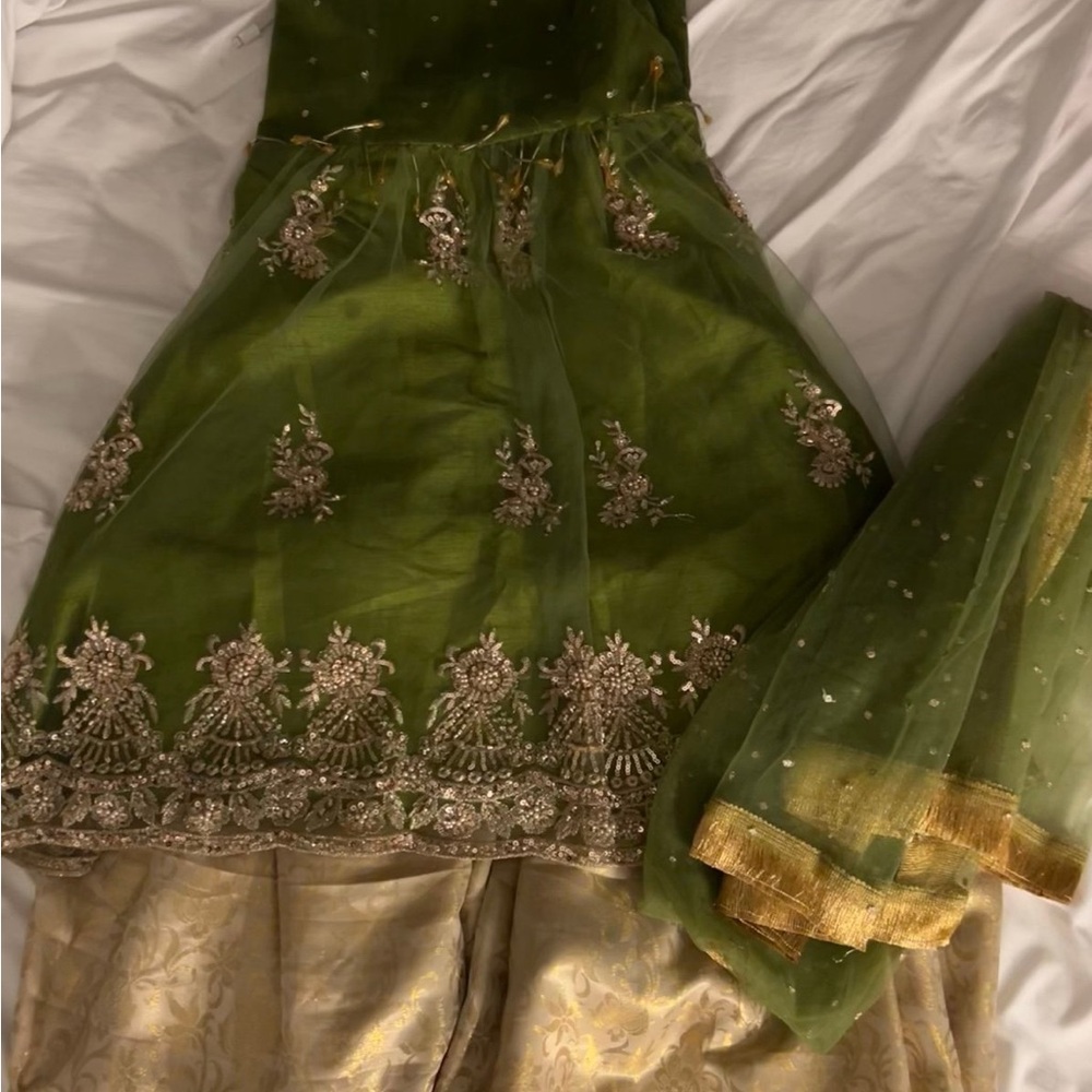 Elegant Green and Gold Embroidered Indian Pakistani Outfit
